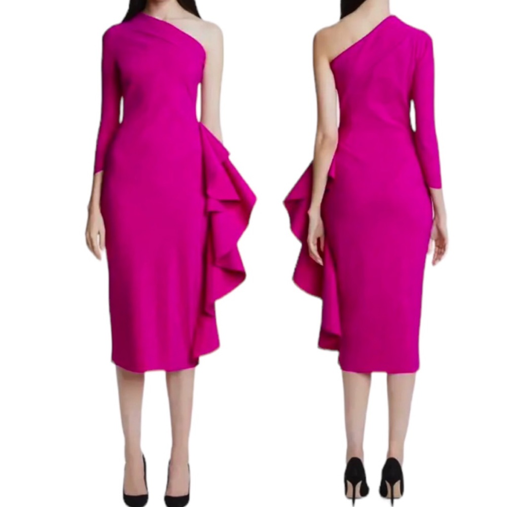 CHIARA BONI LA PETITE ROBE Sia One-Shoulder Ruffle Dress Magenta Pink Size 4 NWT - Picture 1 of 11